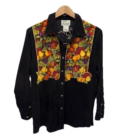 Quacker Factory Appliqué Fall Harvest Corduroy Shirt M Black Orange Button Up - Picture 1 of 10